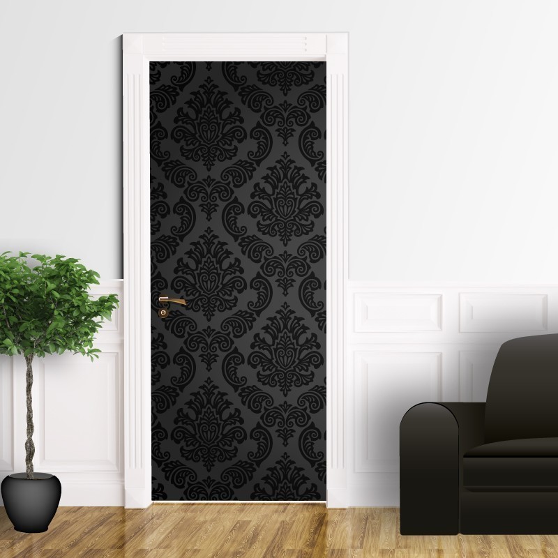 Motivo damascato nero - Adesivo per porta Misura 80 x 215 cm